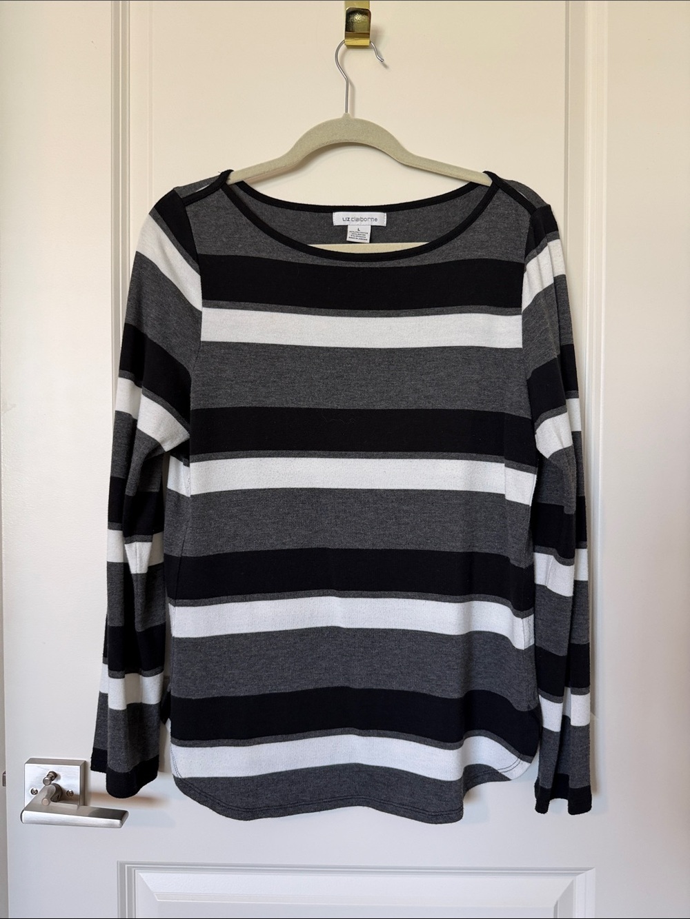Liz Claiborne Black, Gray & Cream Striped Scoop Neck Tunic Sweater, Large